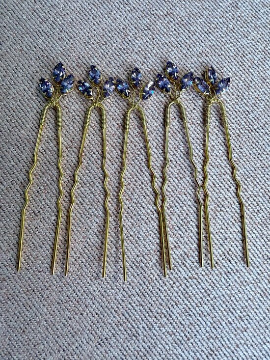 Set of 5 Amethyst Crystal Gold Hair Pins for Brides, Bridesmaids, Galas